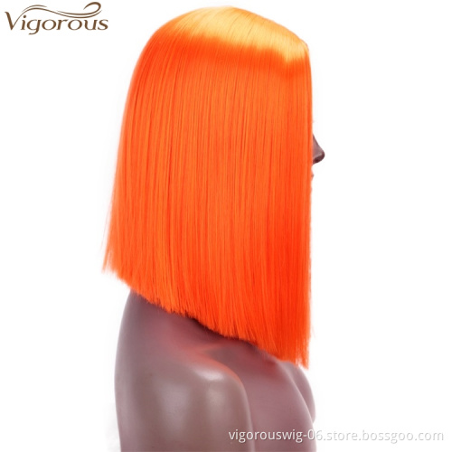 Vigorous Short Straight Bob Wig Middle Part Synthetic Cosplay Wigs For Women High Temperature 14 inches Orange Color Wholesale